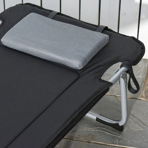 Rootz Camping Bed - Folding Bed with Pillow - Camping Lounger for Outdoor Camping Travel - Black + Silver - 183 x 66 x 33 cm