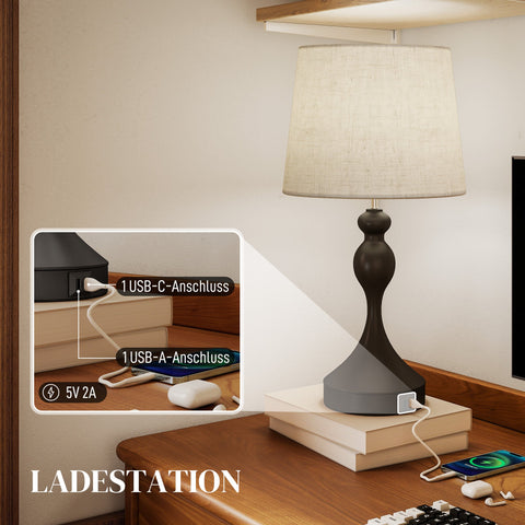 Rootz LED Table Lamp - Bedside Lamp - Modern Nightstand Light - USB A+C Charging - 3 Color Temperatures - 28x54cm - Black & White- Decluttered Charging