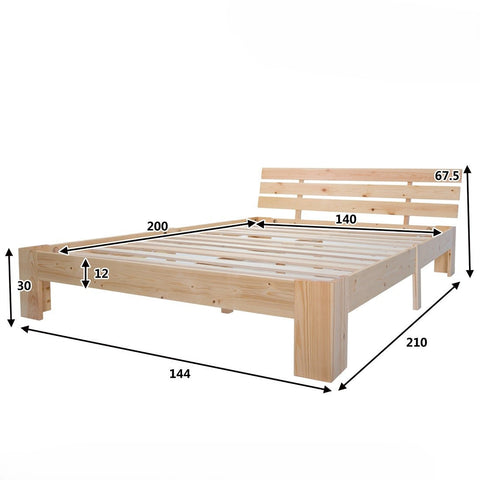 Rootz Double Bed with Headboard - Pine Wood Bed Frame - Natural Wood Bed - 144cm x 210cm x 67.5cm