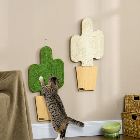 Rootz Set Of 2 Scratching Posts - Cactus Design For Wall Mounting - Scratching Board - Chipboard - Oak + White + Green - 30 cm x 60 cm