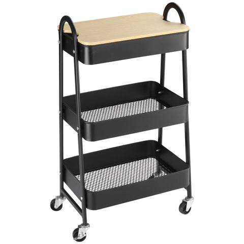 Rootz Steel 3-Tier Trolley - Rolling Storage Cart - Kitchen Organizer - Compact & Movable - 45L x 31W x 79.4H cm