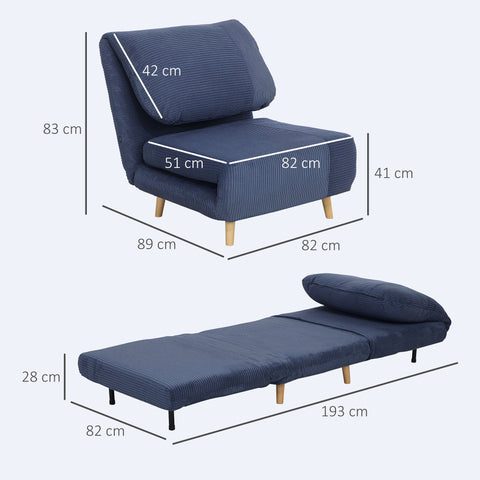 Rootz 2-in-1 Sleeping Armchair - Guest Bed - Convertible Sofa - Adjustable Headrest - Space Saver - 82cm x 89cm x 83cm - Blue