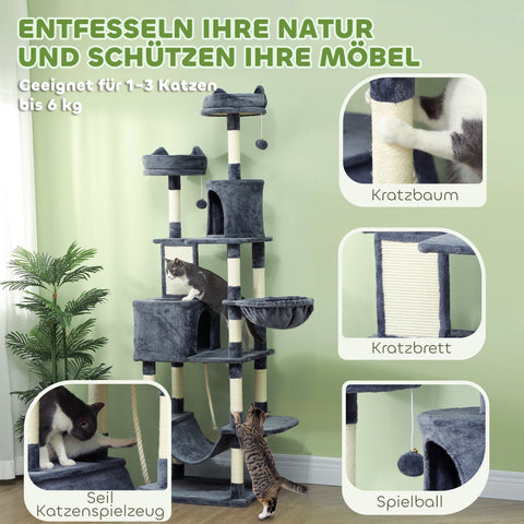 Rootz 206 cm Cat Tower - Scratching Tree - Activity Center - Sisal Trunks - Spacious Condos - 60L x 50B x 206H cm - Grey, White