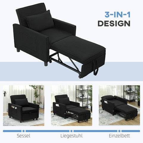 Rootz Adjustable Sleeper Chair - Convertible Lounge Chair - Recliner Bed - Comfort 3 Position - 74W x 84D x 81H cm - Black - 120kg Capacity