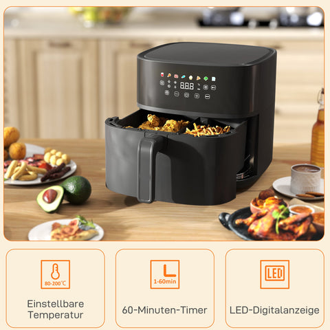Rootz Hot Air Fryer - Convection Cooker - Oil-Less Fryer - 8 Time-Saving Programs - LED Screen, 8 Liters, Black - 32.5cm x 41cm x 32cm