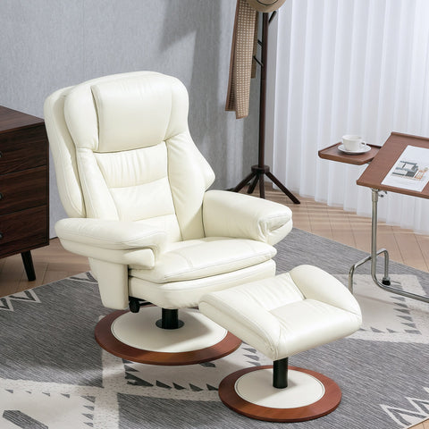 Rootz Reclining Chair with Stool - Lounge Chair - TV Chair - Ergonomic Luxury - 94cm x 98cm x 104cm - White - Faux Leather
