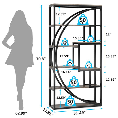 Rootz 6-Tier Bookcase - Bookshelf - Display Case - Durable & Sturdy - 70cm W x 30cm D x 179.8cm H