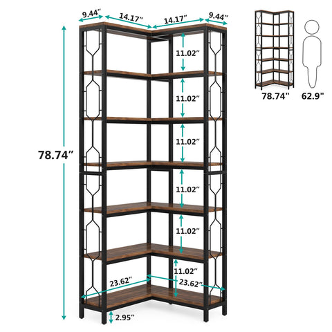 Rootz 7-Tier Corner Shelf - Space-Saving Bookcase - Hexagonal Storage Unit - Enhances Organization - 60cm D x 60cm W x 200cm H