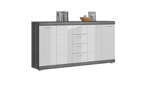 Rootz Sideboard Scout - Wood Material - White High-Gloss Deep-Drawn Front - Smoke Silver Imitation - 165cm x 85cm x 37cm - FSC Certified