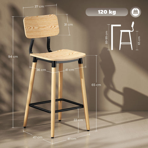 Rootz 2-Set Bar Stool with Backrest - Bar Chairs - Kitchen Island Seating - Nordic Charm - 41cm x 47cm x 94cm