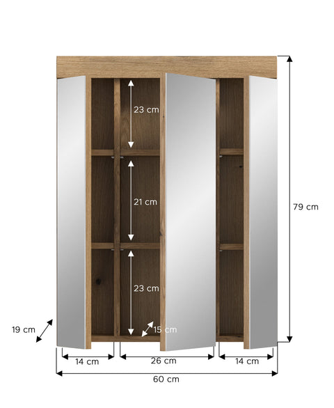 Rootz Mirror Cabinet Brown- Bathroom Storage - Mirrored Doors - Easy-Care - 60 x 79 x 18 cm