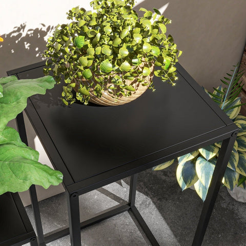 Rootz Set of 2 Industrial Style Flower Stands - Plant Stands - Black Steel - Two-tiered - Elegant Home Decor - 25cm x 25cm x 58.5cm, 31cm x 31cm x 65cm