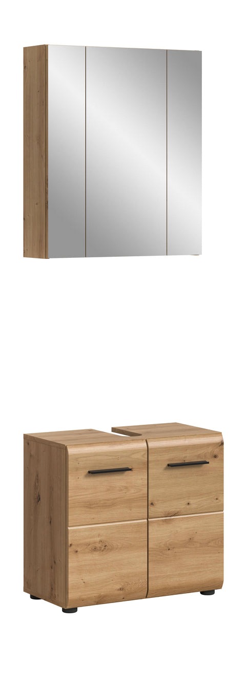 Rootz 2 Piece Set Bathroom Combo - Vanity & Mirror Cabinet - Brown Finish - Space Saver - 60x185x30 cm