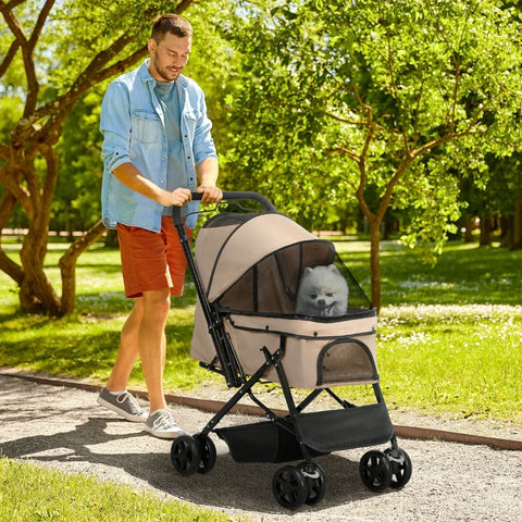 Rootz Folding Dog Buggy - Pet Stroller - 1 Basket - 2 Brakes - Including Safety Leash - Light Brown - 76.5cm x 52cm x 95cm