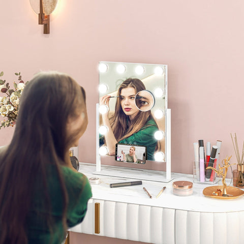 Rootz LED Makeup Mirror - Hollywood Vanity Mirror - Dressing Table Mirror - 12 LED Lamps - Adjustable Brightness - Cell Phone Holder - USB Port - 36.5cm x 45.5cm x 8.5cm