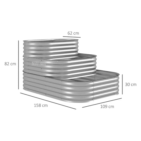 Rootz Raised Bed - Outdoor Flower Stairs - Planter Box - 3 Steps - Garden Bed - Galvanized Metal - Silver - 158cm x 109cm x 82cm