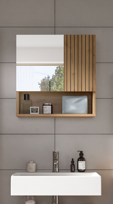 Rootz Mirror Cabinet - Brown Finish - Bathroom Storage - Easy-Care Design - 60cm x 55cm x 17cm