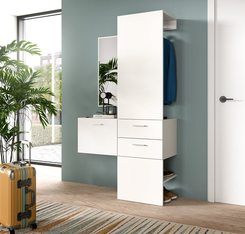 Rootz 3-Piece Wardrobe Set - Closet Organizer - Space-Saving Storage - Large Mirror - White Melamine - 104x190x36 cm