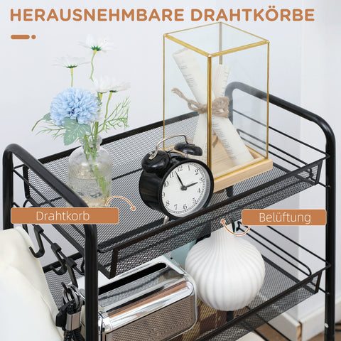 Rootz Trolley with 4 Hanging Baskets - Serving Trolley - Mobile Cart - Steel, Lockable Wheels - 45cm x 26.5cm x 84cm - Extra Storage Space