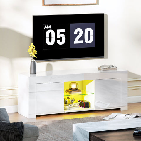 Rootz TV Cabinet - Entertainment Unit - Media Console - Enhances Atmosphere - 120cm x 34cm x 45cm - Chipboard, Glass, White with RGB LED Lights