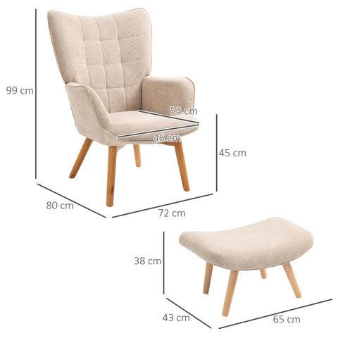 Rootz Accent Chair In Scandi Design - With Ottoman - Armchair Set - Beech Wood - Cord Look - Beige - 72L x 80W x 101H cm