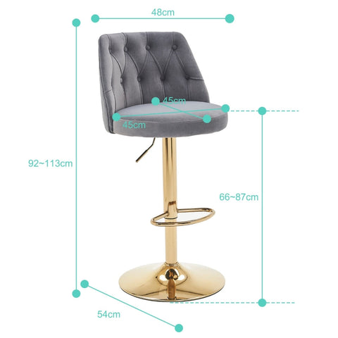 Rootz 2 Piece Set Bar Stool - Adjustable Stools - Modern Swivel Chairs - Soft Velvet Fabric - 48cm x 54cm x 92-113cm