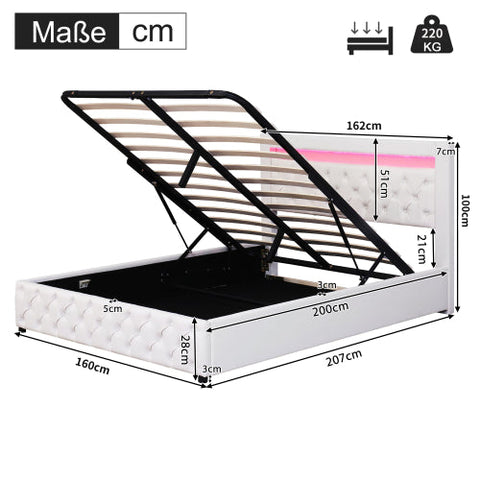 Rootz Upholstered Bed - Platform Bed - Storage Bed - LED Lighting - 207cm x 162cm x 100cm