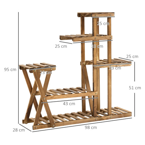 Rootz Wooden Flower Rack Plant Stand - Flower Stand - 6 Tier Shelves - Charred Pine - Indoor & Outdoor Use - 98L x 28W x 95H cm
