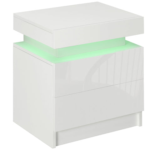 Rootz Bedside Table Nightstand - Modern Side Table - Glossy Bedside Unit - RGB LED Light - Two Drawers - 45W x 35D x 52H cm