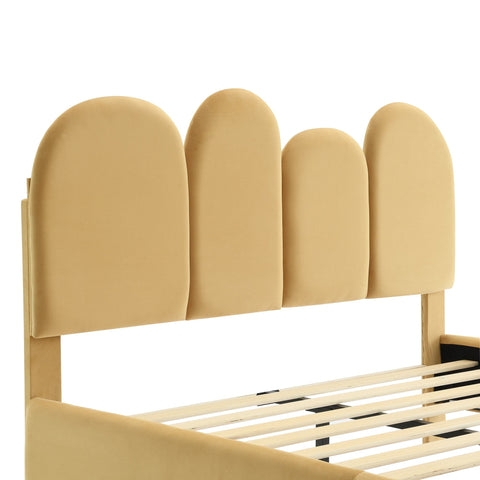 Rootz Upholstered Bed Frame - Velvet Platform Bed - LED Bed - Cozy Lighting - Fits 140x200 cm Mattress - 207x149x103 cm - Khaki