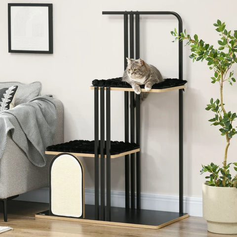Rootz Scratching Post - Industrial Design - 2 Platforms - 2 Cushions - Scratching Wall - Steel Frame - Black - 85 x 48 x 128 cm