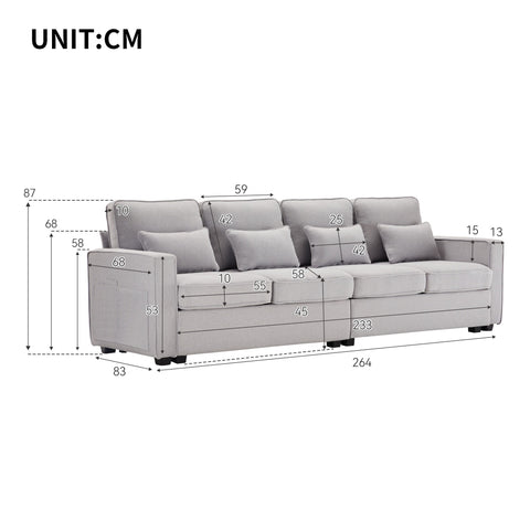 Rootz 4-Seater Linen Sofa - Modern Couch - Comfortable Seating - Adjustable Lumbar Cushions - 264x83x87 cm - Gray