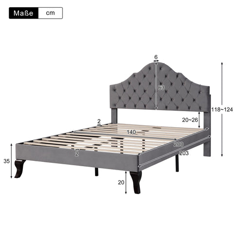 Rootz Upholstered Bed - Adjustable Headboard - Slatted Frame - Velvet Comfort - 203cm x 140cm x 118-124cm - Gray