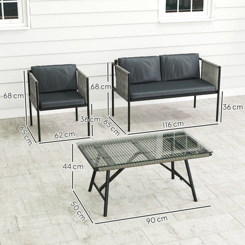 Rootz 4-Part Garden Furniture Set - Outdoor Lounge - Patio Sofa Set - Steel & Rattan - Ideal Comfort - Armchair 65x68cm, Sofa 116x65cm, Table 90x50cm