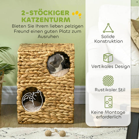 Rootz Cat Tower - Scratching Post - Three-Story Cat Condo - Washable Cushions - Natural Water Hyacinth - 40cm x 31cm x 55cm