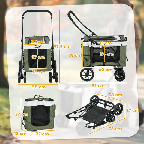 Rootz Foldable Hundbuggy - Dog Car - Pet Stroller - Comfortable Travel - 81cm x 58cm x 97.5cm -Green, White
