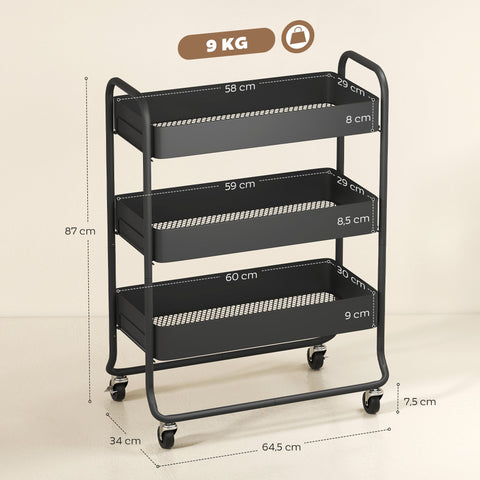 Rootz Kitchen Trolley - Storage Cart - Rolling Organizer - Declutter & Mobile Design - Metal, Black, 3 Baskets, 4 Wheels, 64.5x34x87 cm