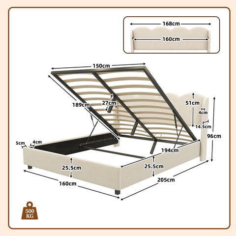 Rootz Double Bed with Wavy Headboard - Upholstered Bed - Velvet Bed - LED Lights & Storage - 205L x 168B x 96H cm - Brown