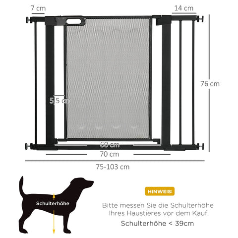 Rootz Adjustable Pet Gate - Stair Gate - Dog Barrier - Automatic Closing - One-Hand Operation - 75-103W x 76H cm - Steel and ABS