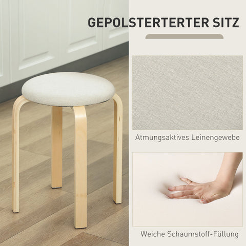 Rootz 4-Set Upholstered Stool - Stackable Stools - Space-Saving Seating - Birch Legs - White - Ø40 x 45H cm
