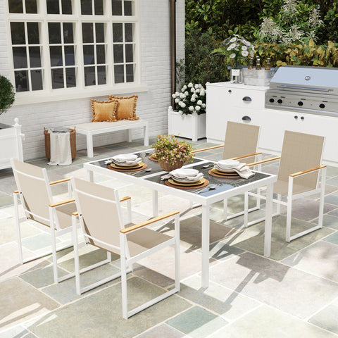 Rootz 5-Part Eating Set - Outdoor Table - Weather-Resistant Terrace Furniture - Hardened Glass Surface - 150cm x 87cm x 72cm