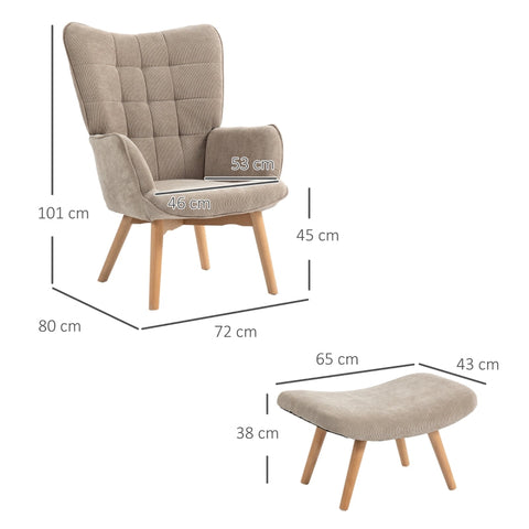 Rootz Accent Chair and Ottoman Set - Wing Chair - Armchair - Comfortable Seating - Versatile Use - Stylish Design - 72cm x 80cm x 101cm - Beech Wood and Cord Look