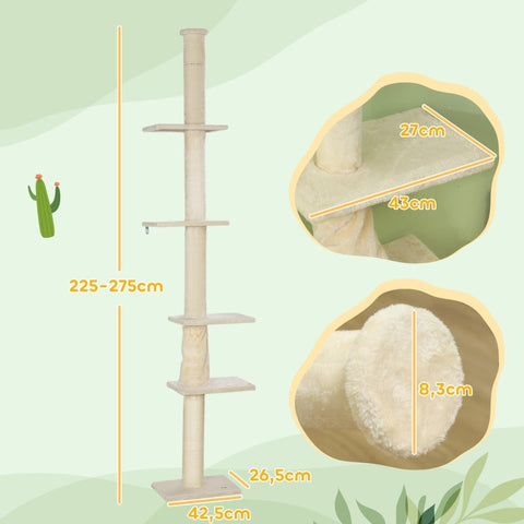 Rootz Floor to Ceiling Cat Tree - Adjustable Cat Scratching Post - Extendable Height - 5 Cozy Floors - Stable Base - Cat Furniture - 42.5cm x 26.5cm x 225-275cm
