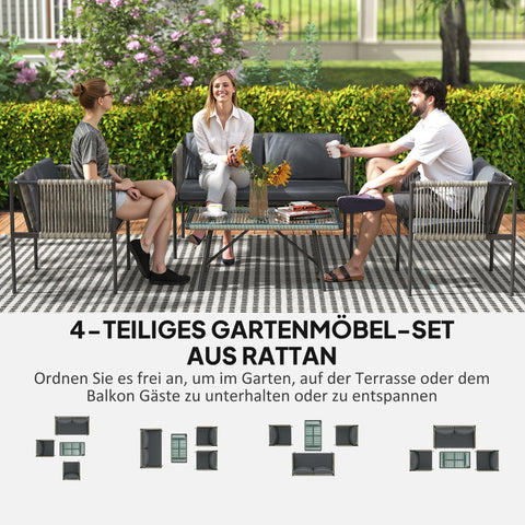 Rootz 4-Part Garden Furniture Set - Outdoor Lounge - Patio Sofa Set - Steel & Rattan - Ideal Comfort - Armchair 65x68cm, Sofa 116x65cm, Table 90x50cm