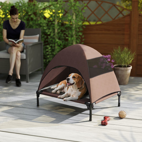 Rootz Outdoor Elevated Dog Bed - Canopy Lounger - Elevated Pet Cot - Sun Protection - 76cm x 61cm x 71cm - Brown