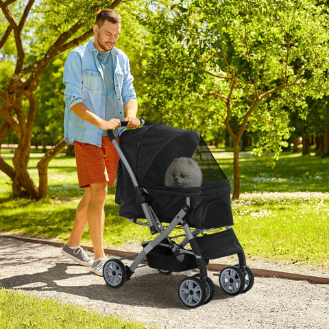 Rootz Foldable Dog Cat Stroller - Pet Buggy - Animal Carriage - Adjustable Cover - 77cm x 50cm x 99cm