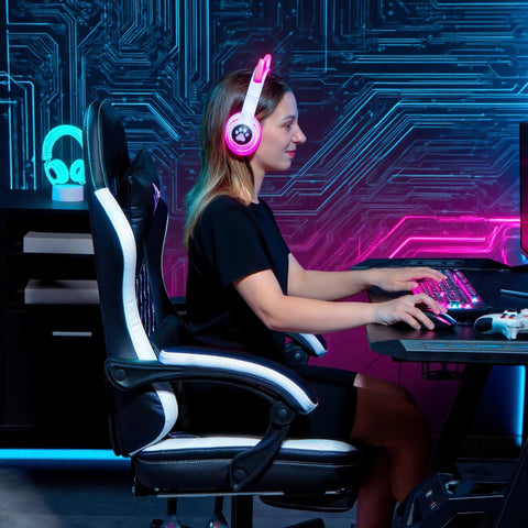 Rootz Gaming Chair with Footrest - Computer Chair - Ergonomic Seat - Stress-Reducing - 62cm x 107cm x 99cm - Black/White