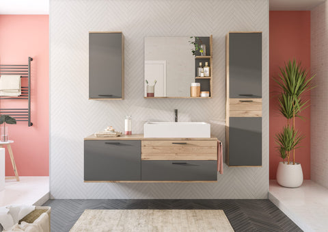 Rootz Bathroom Furniture Set - Wood Material - Basalt Gray Replica - Nox Oak Replica - 140cm x 48cm - Timeless Design - Space Saving - FSC Certified