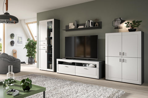 Rootz Wood 3-Piece Living Set - Grey/White Matt - Systematic Living - FSC Certified - Highboard - TV Lowboard - Wall Shelf - 120cm x 40cm x 180cm