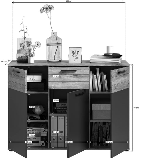 Rootz Mason Chest of Drawers - Wood Cabinet - Sideboard - Highboard - Spacious Storage - 120cm x 87cm x 40cm